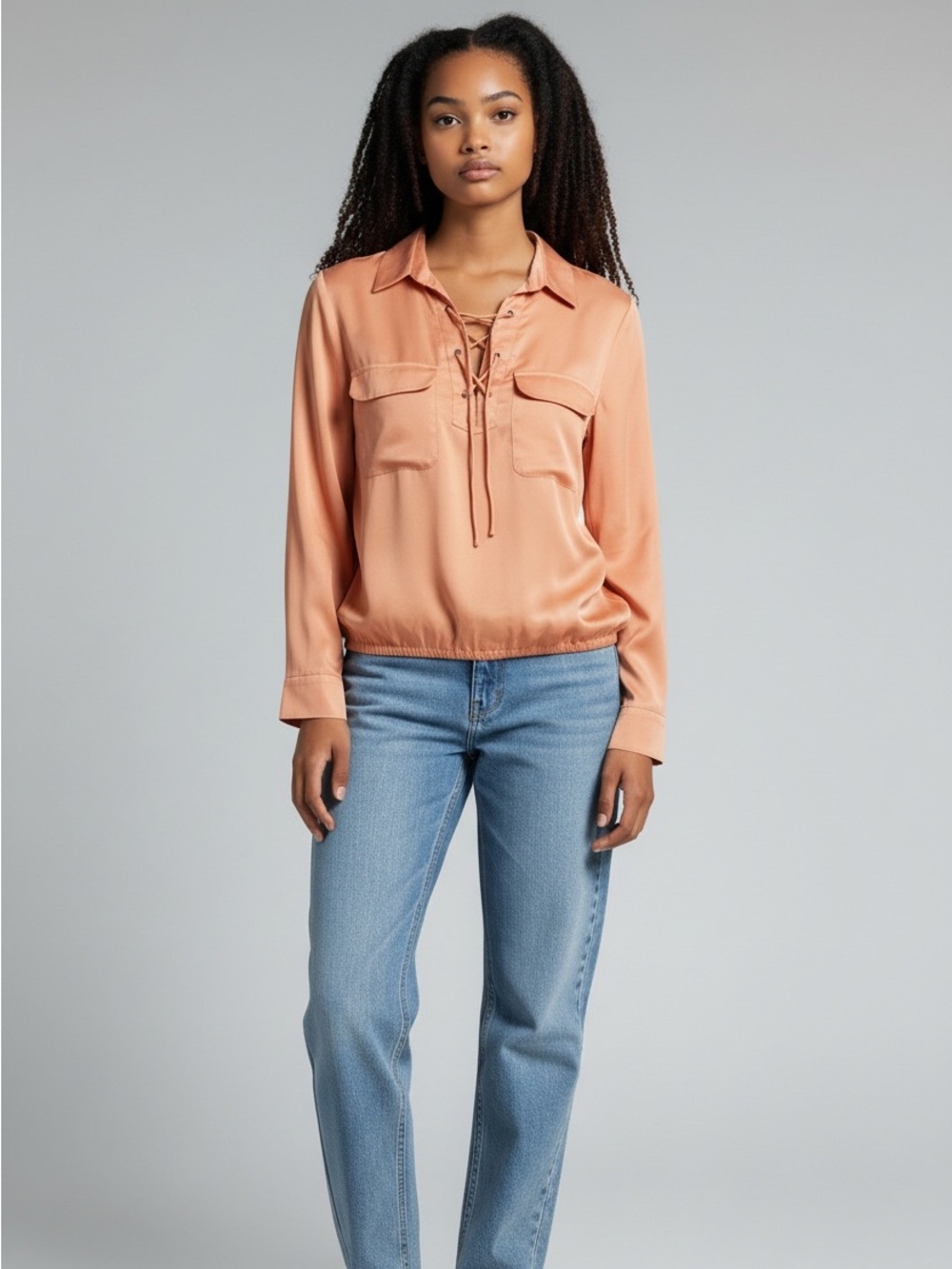 Wilfred Lace-Up Pocket Long-Sleeve Blouse - Coral